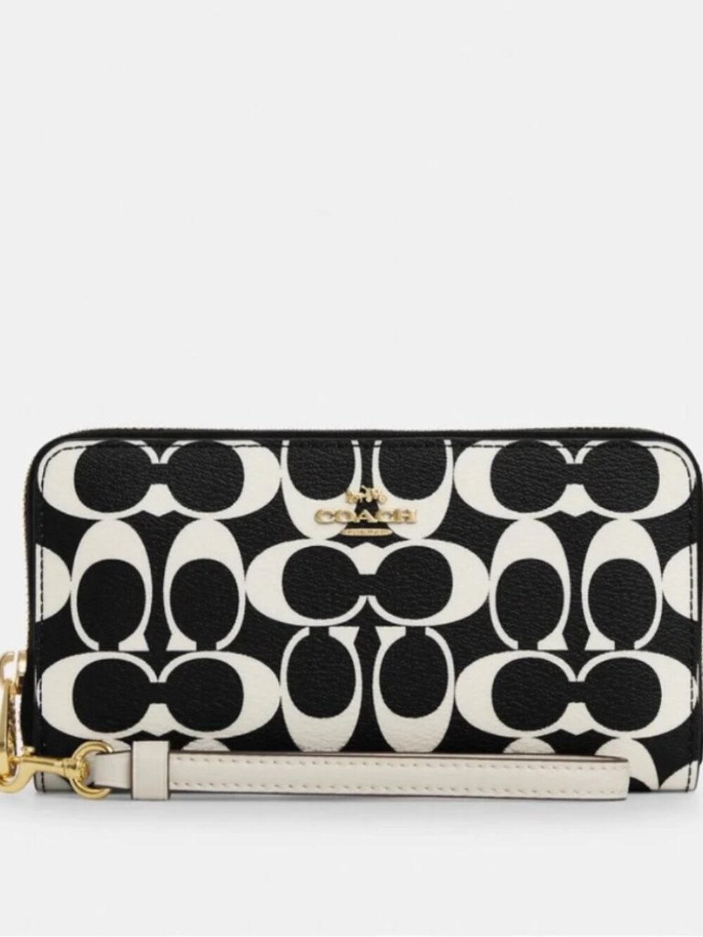 NWT Coach CP409 Black White Signature Print Large Zip Around Wallet With Strap